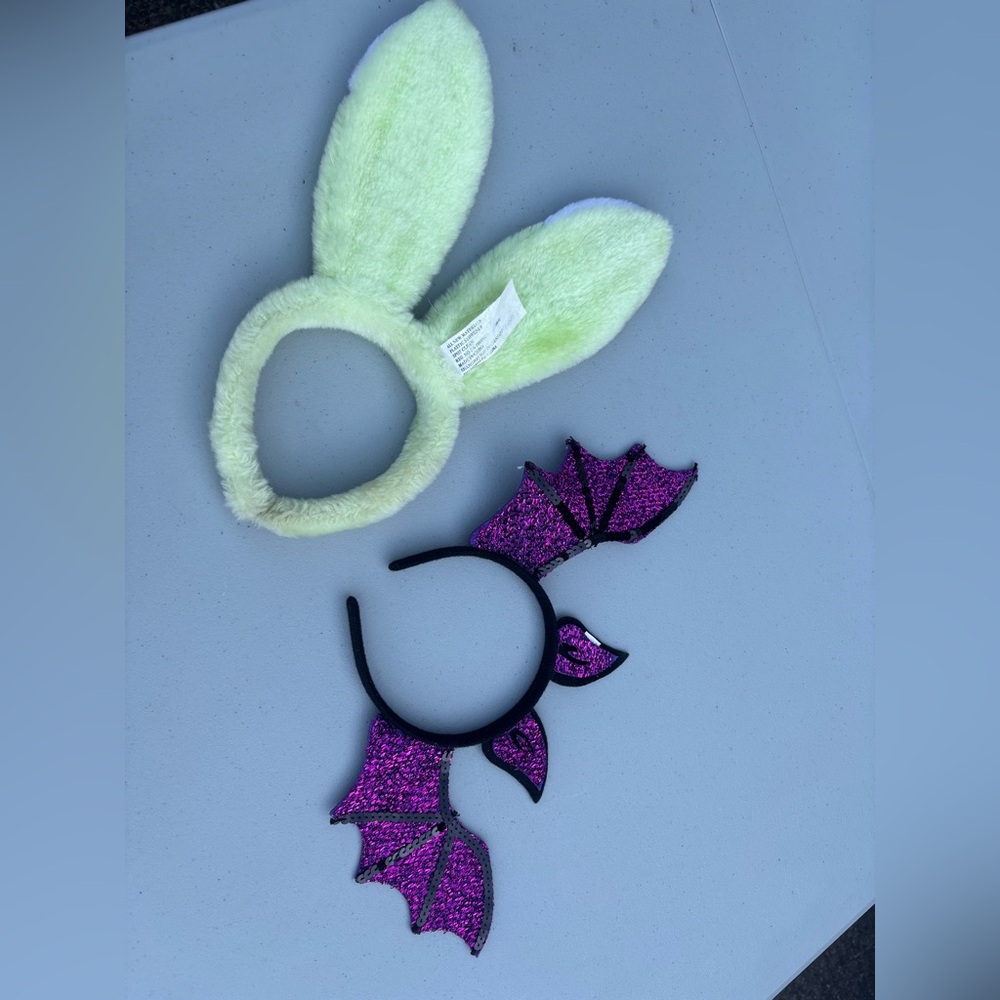 Kids Fluffy Bunny and Glitter Bat Headband Set - Light Green and Purple